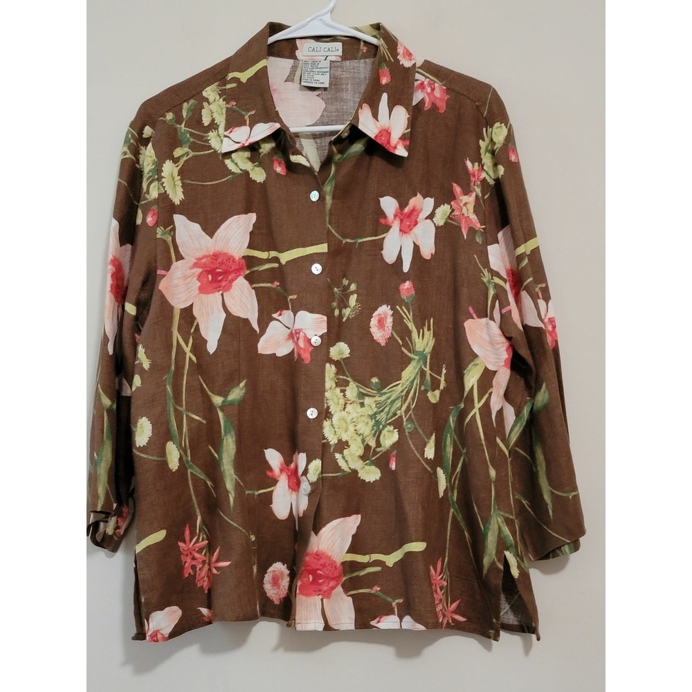 Cali Cali Linen Blend Brown Floral Print Button Up Shirt Top Women's Small‎